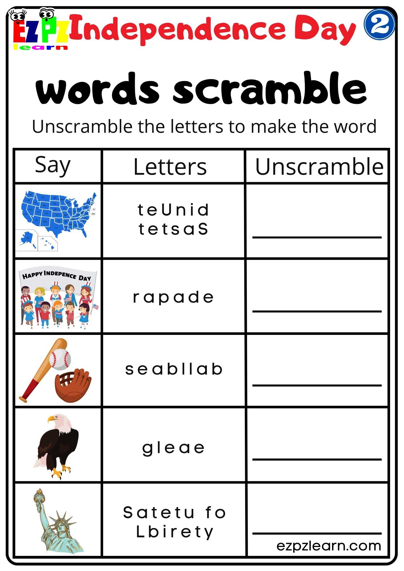 Word Scramble Worksheet for Independence Day Group 2